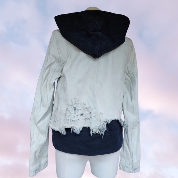 Free People White Black Layered Hoodie Acid Wash Denim Button Up Distressed Sz S - Picture 4 of 8